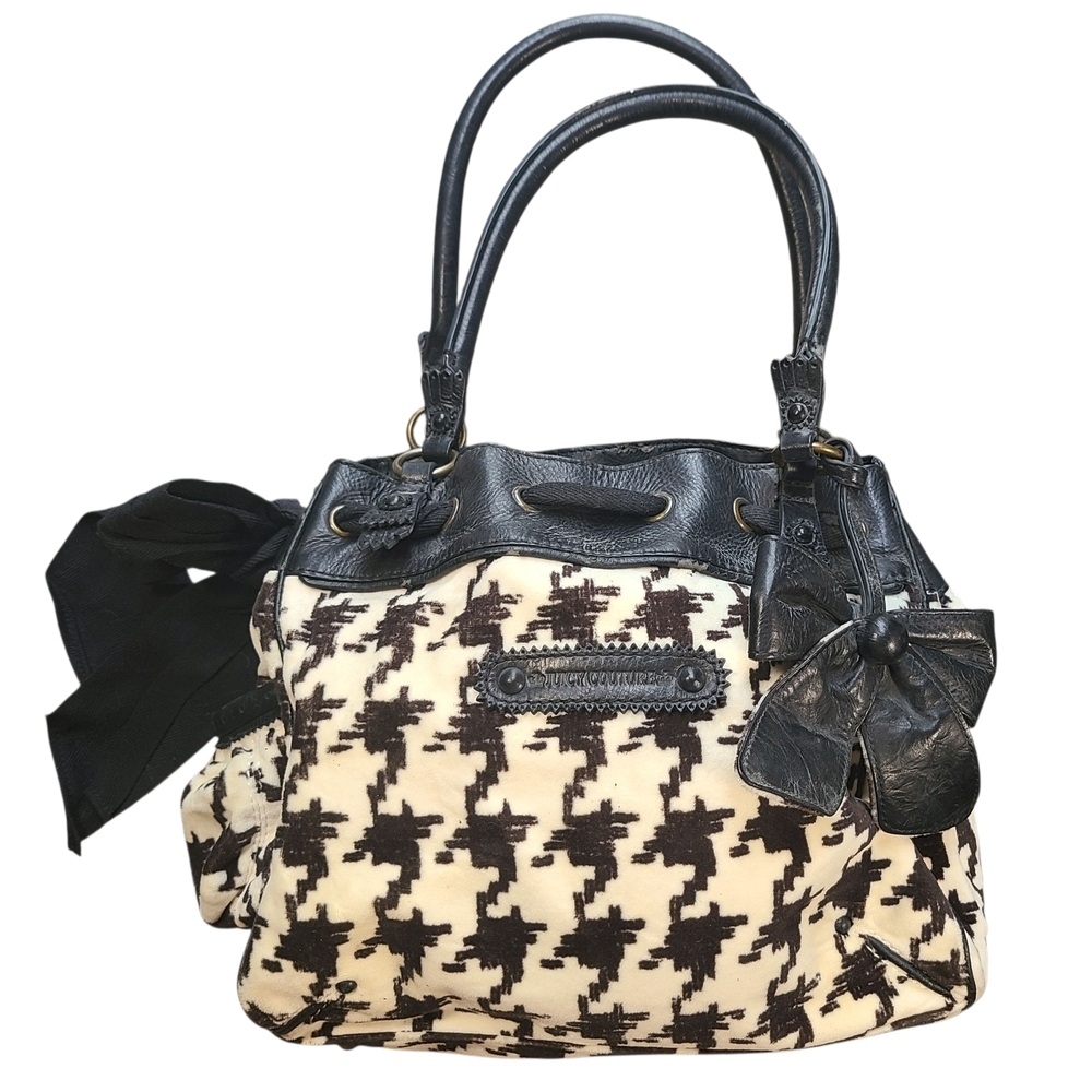 Juicy Couture Houndstooth Daydreamer Tote Y2K Black Cream Velour Bow